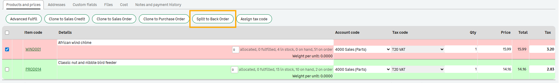 Back orders for sales