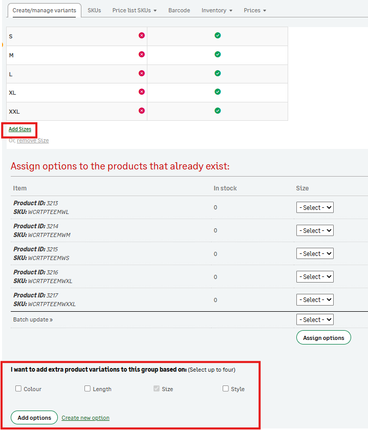 Variants: Adding products to an existing group
