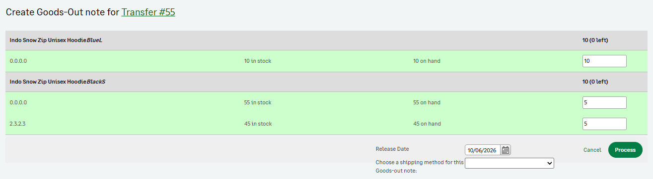 Inventory transfers (warehouse-to-warehouse)