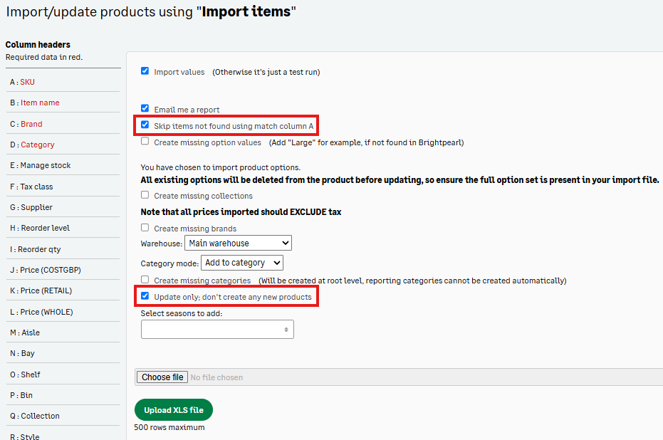 Importing products: updating existing items