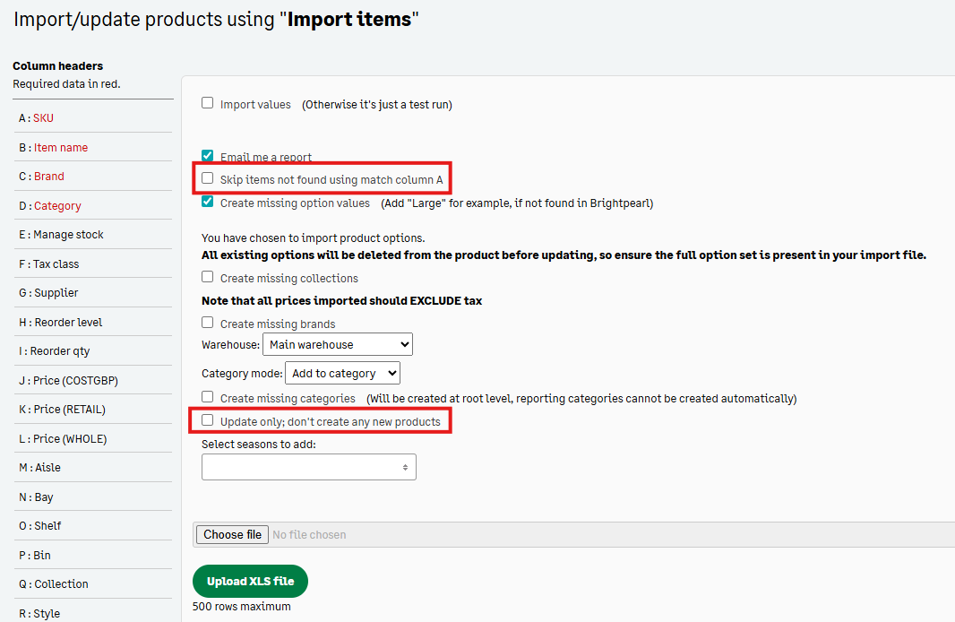 Importing products: creating new items