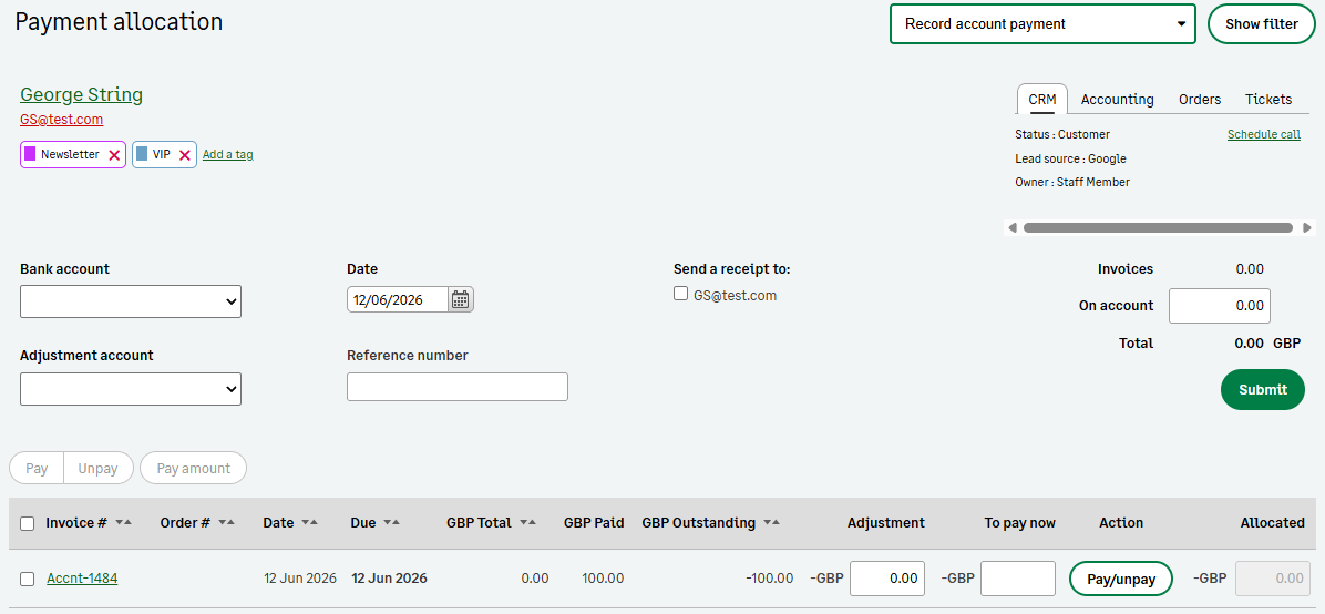 Payment allocation screen